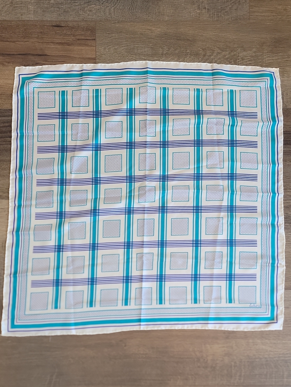 Echo Square Scarf Silk & Chinon Blue & Teal Checkered Vintage